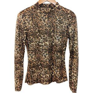 Y2K Mesh Semi Sheer Top Mock Neck Vintage 90s Animal Print Going Out Long Sleeve
